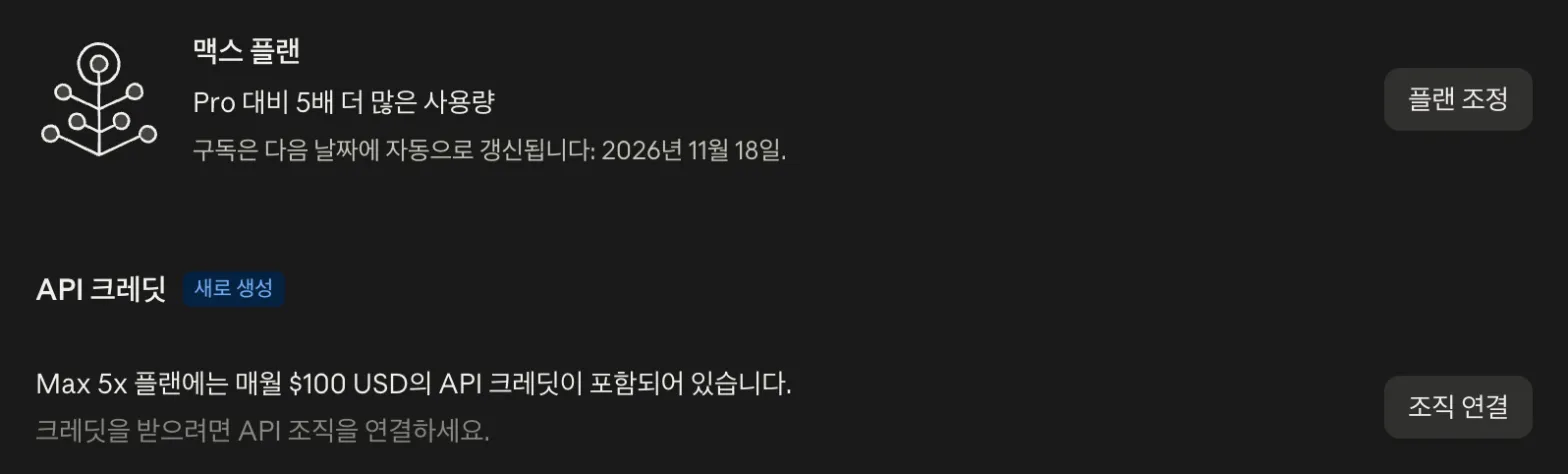 claude.ai 설정의 결제 화면. 맥스 플랜(Pro 대비 5배) 아래에 '새로 생성' 표시가 붙은 API 크레딧 칸이 있고, 'Max 5x 플랜에는 매월 $100 USD의 API 크레딧이 포함되어 있습니다. 크레딧을 받으려면 API 조직을 연결하세요.'라는 문구와 '조직 연결' 버튼이 보인다.